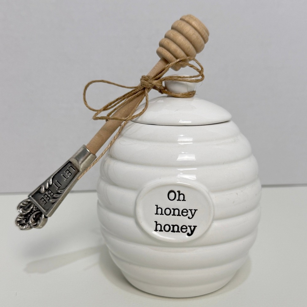 Mud Pie Oh Honey Honey Beehive Ceramic‎ Honey Pot Set White Farmhouse Cottage